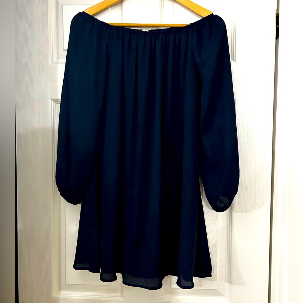 Ecoté Navy Blue off-the-shoulder Flowy Mini Dress